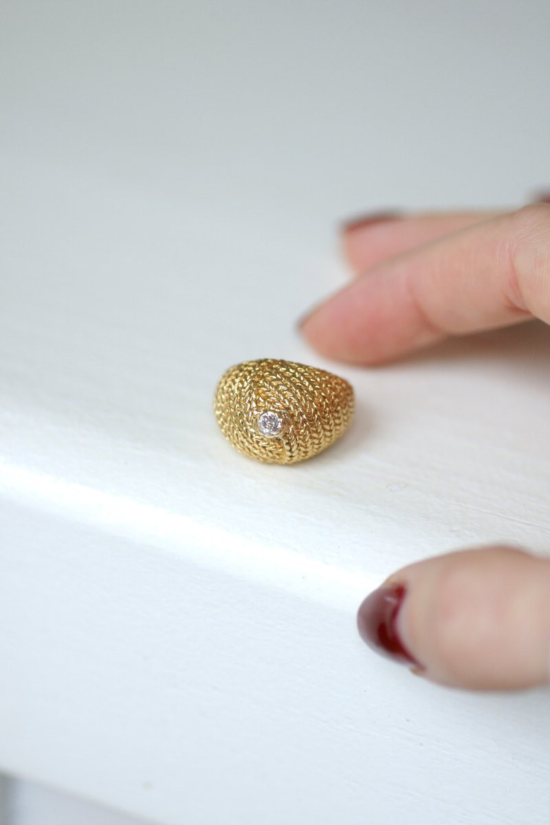 French Diamond Cocktail Ring On Braided Yellow Gold 1960s-photo-5