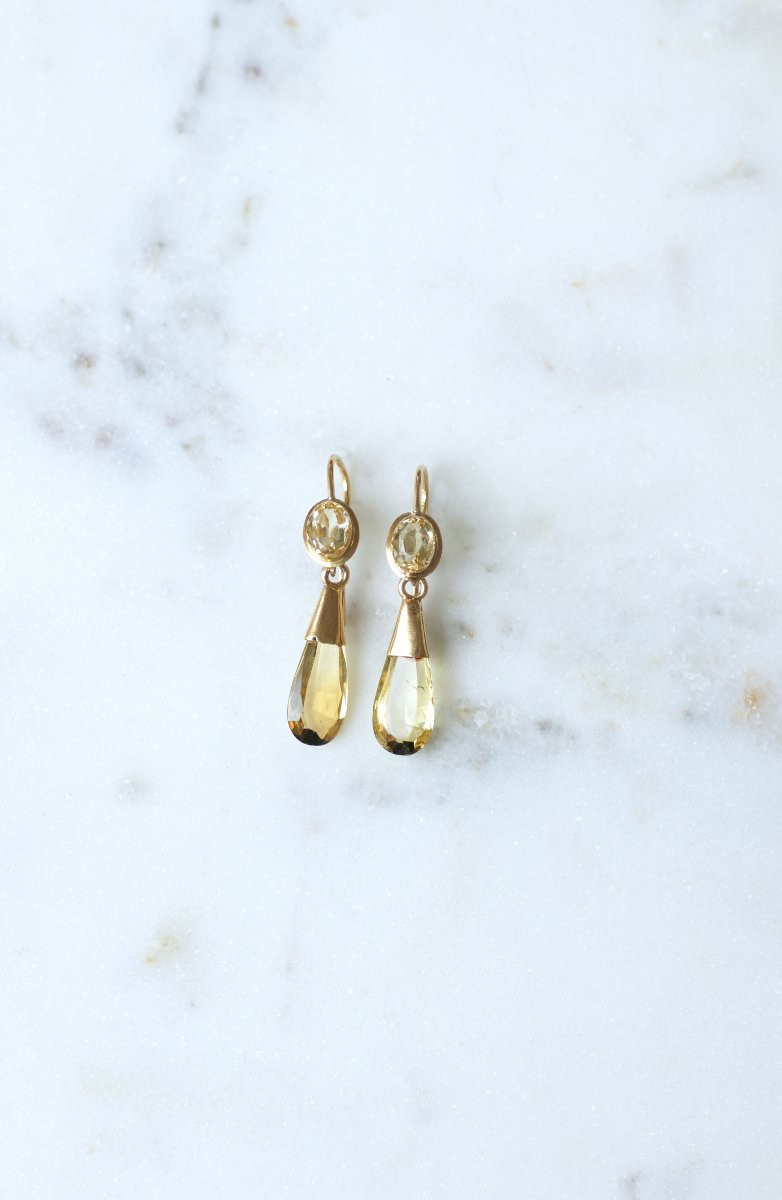 Boucles d'Oreilles Ancienne Goutte Citrine sur Or Jaune-photo-2