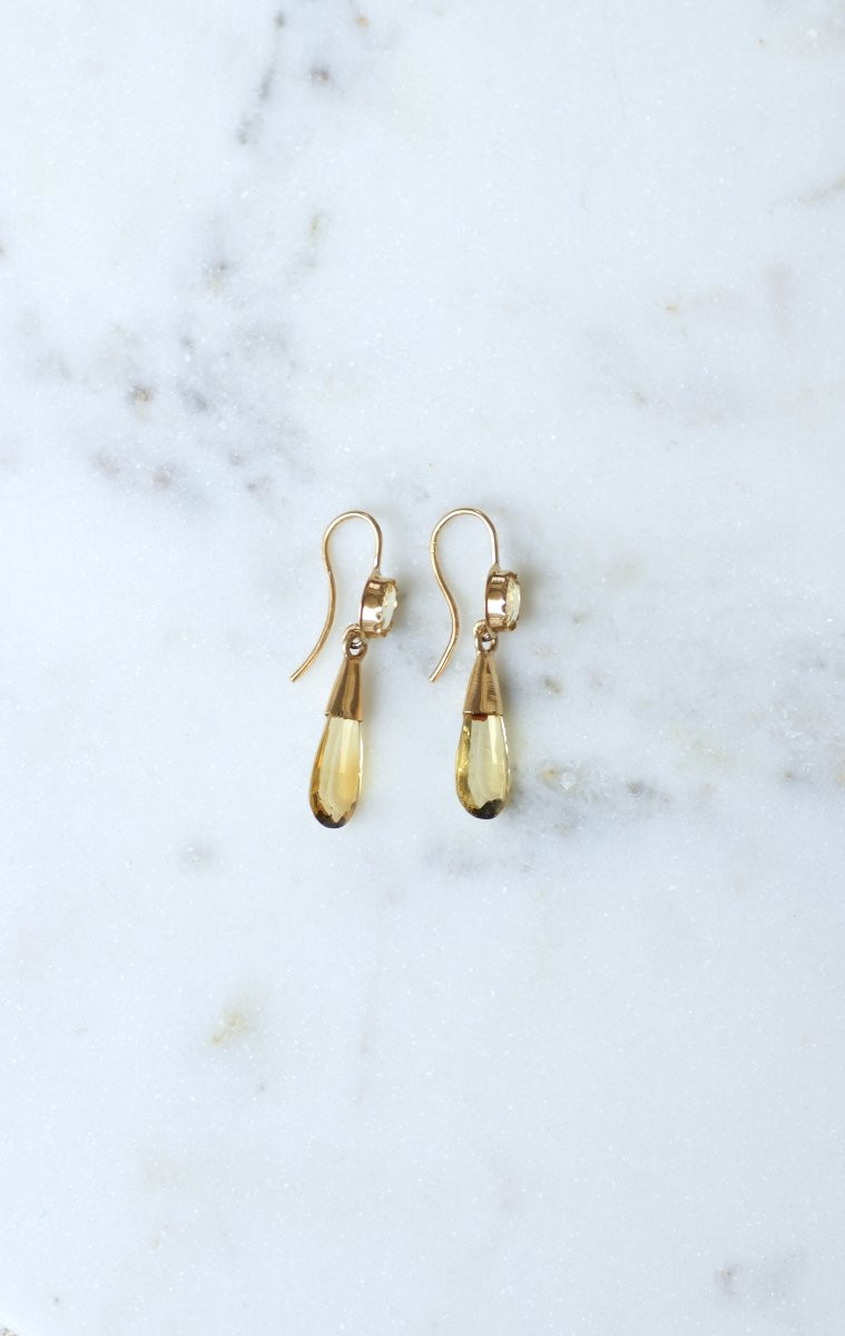 Boucles d'Oreilles Ancienne Goutte Citrine sur Or Jaune-photo-3