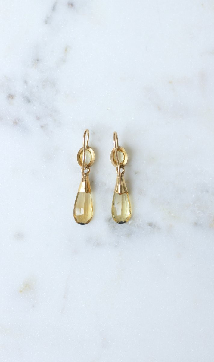 Boucles d'Oreilles Ancienne Goutte Citrine sur Or Jaune-photo-4