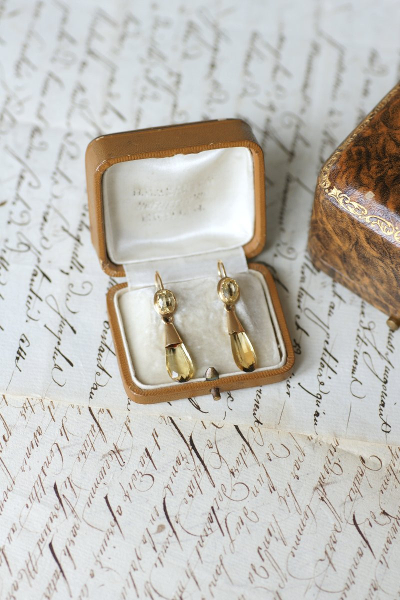 Boucles d'Oreilles Ancienne Goutte Citrine sur Or Jaune-photo-1