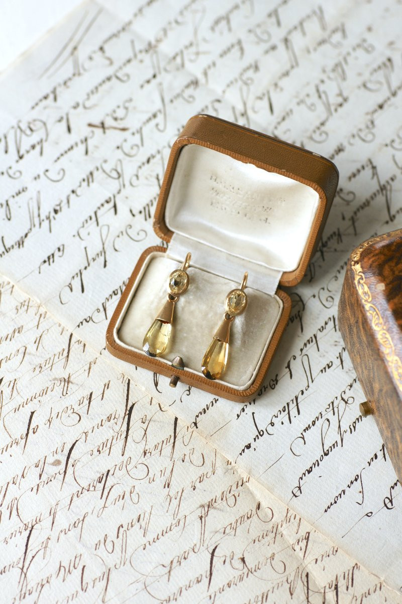 Boucles d'Oreilles Ancienne Goutte Citrine sur Or Jaune-photo-2