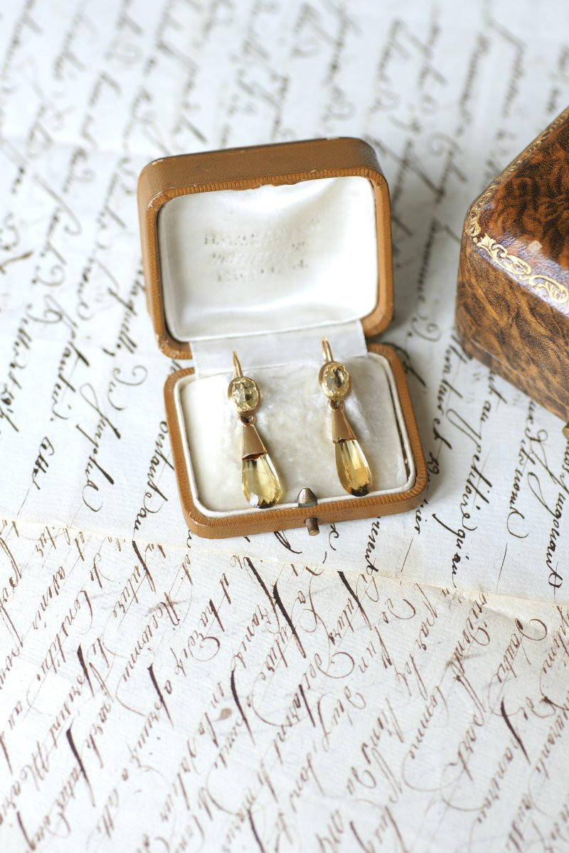 Boucles d'Oreilles Ancienne Goutte Citrine sur Or Jaune-photo-3