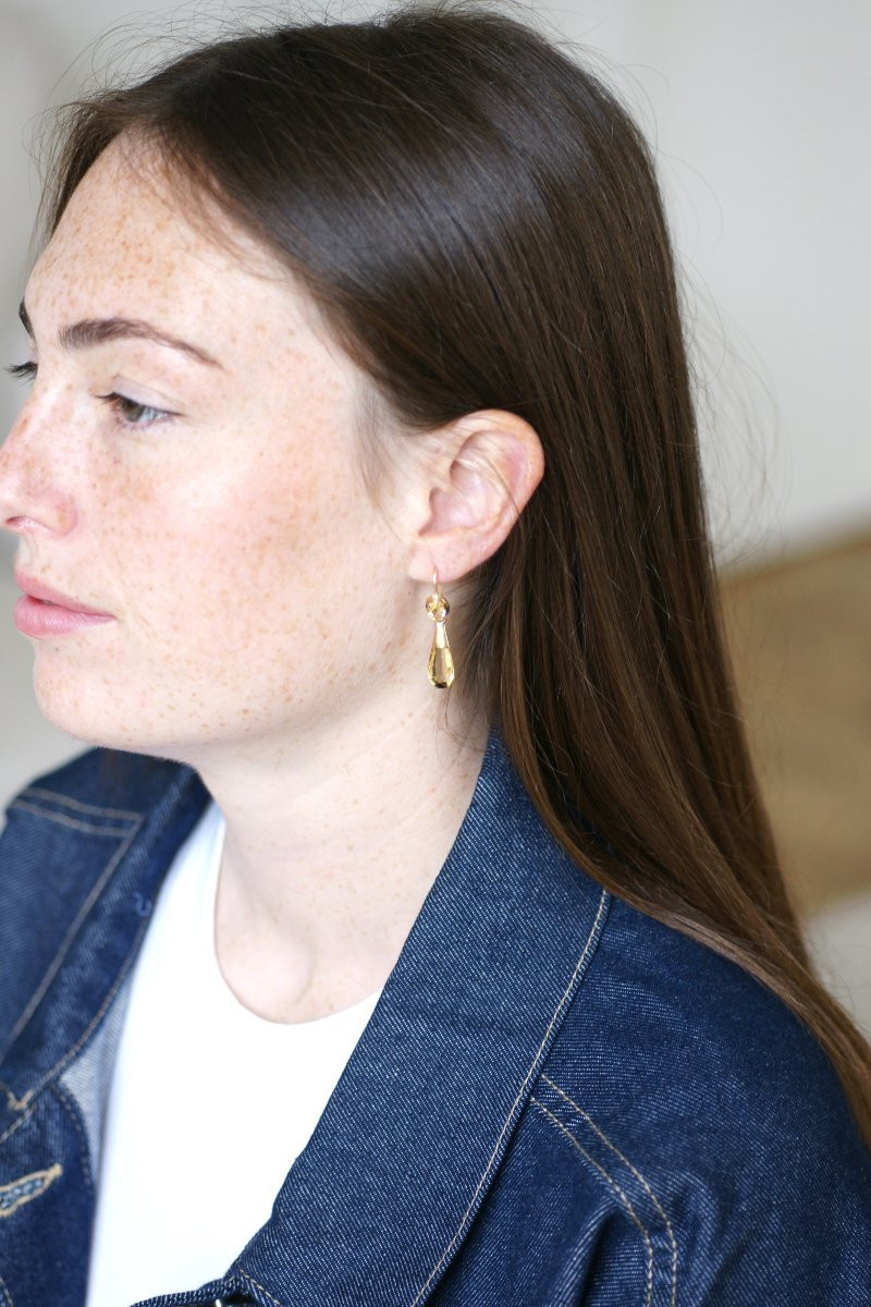 Boucles d'Oreilles Ancienne Goutte Citrine sur Or Jaune-photo-5