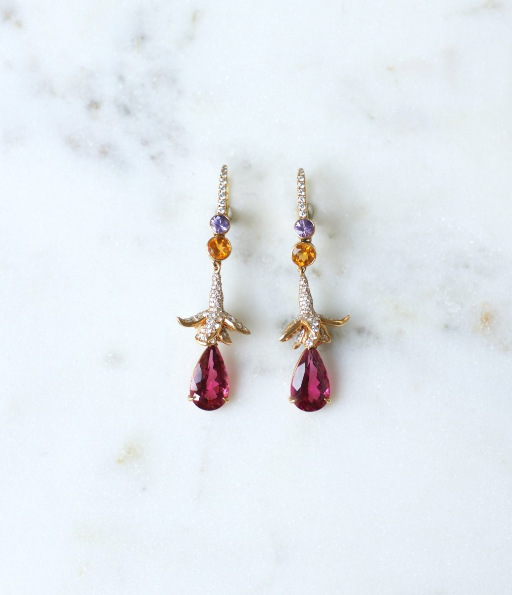 Lorenz Bäumer Long Rubellite, Sapphire, Heliodor And Diamond Earrings In Yellow Gold-photo-4