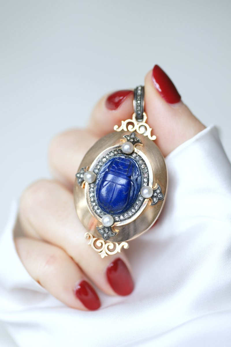 Victorian Scarab Lapis Lazuli Diamonds And Pearls Locket On Rose Gold-photo-1
