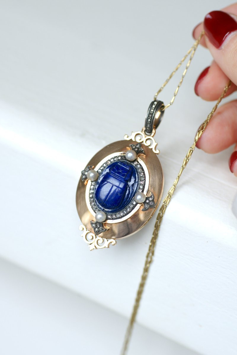 Victorian Scarab Lapis Lazuli Diamonds And Pearls Locket On Rose Gold-photo-2