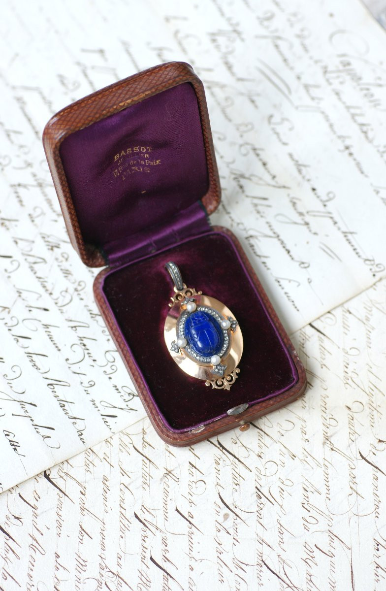 Victorian Scarab Lapis Lazuli Diamonds And Pearls Locket On Rose Gold-photo-3