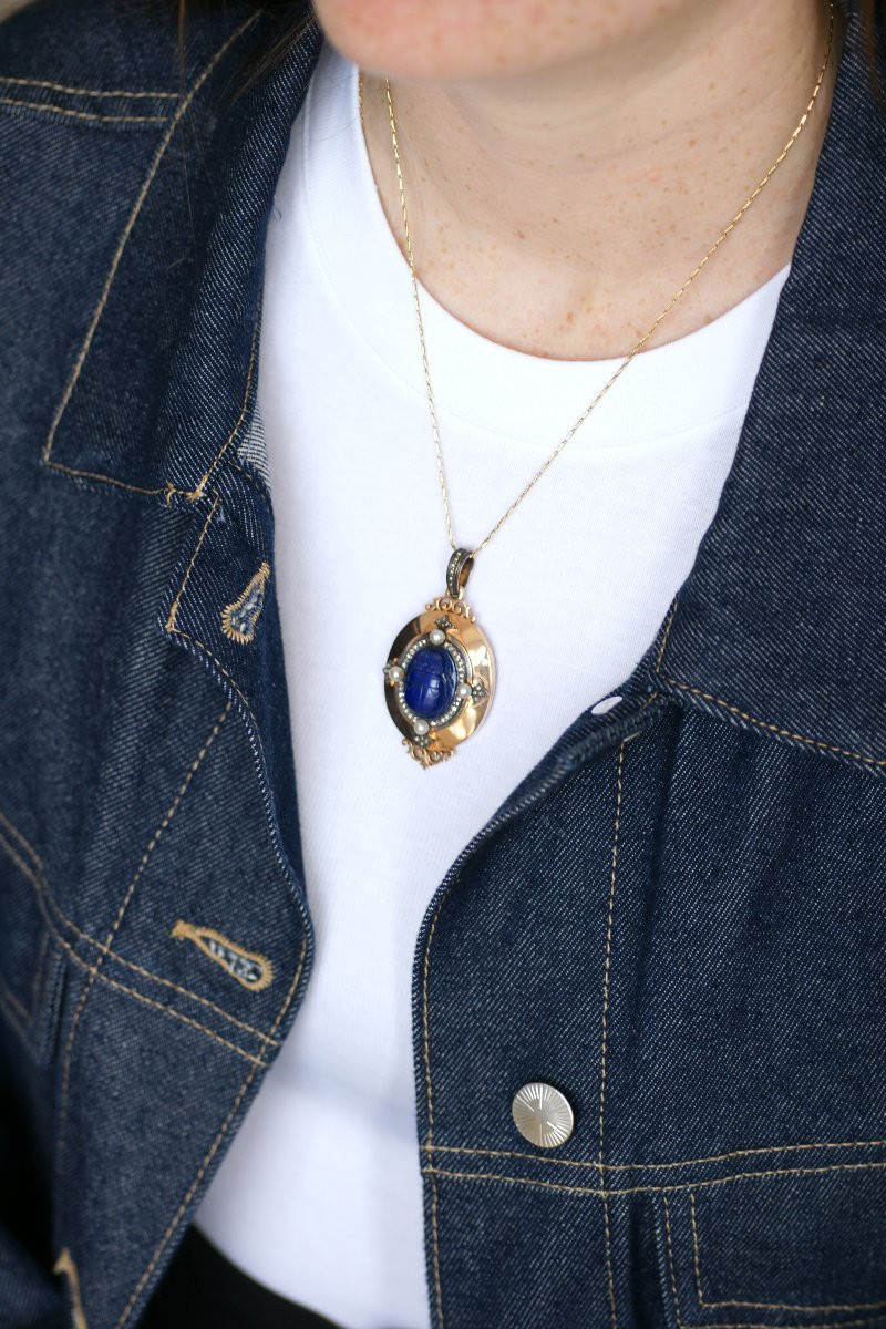 Victorian Scarab Lapis Lazuli Diamonds And Pearls Locket On Rose Gold-photo-5