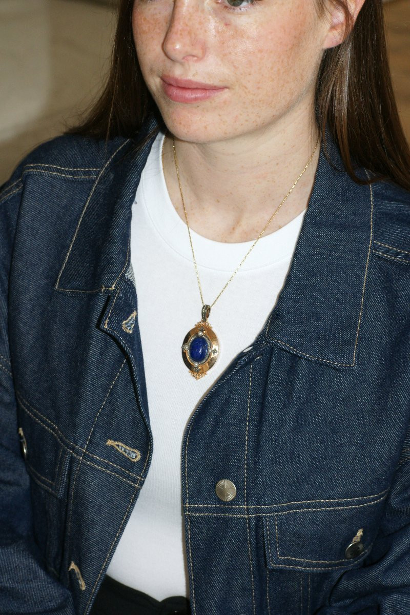 Victorian Scarab Lapis Lazuli Diamonds And Pearls Locket On Rose Gold-photo-7