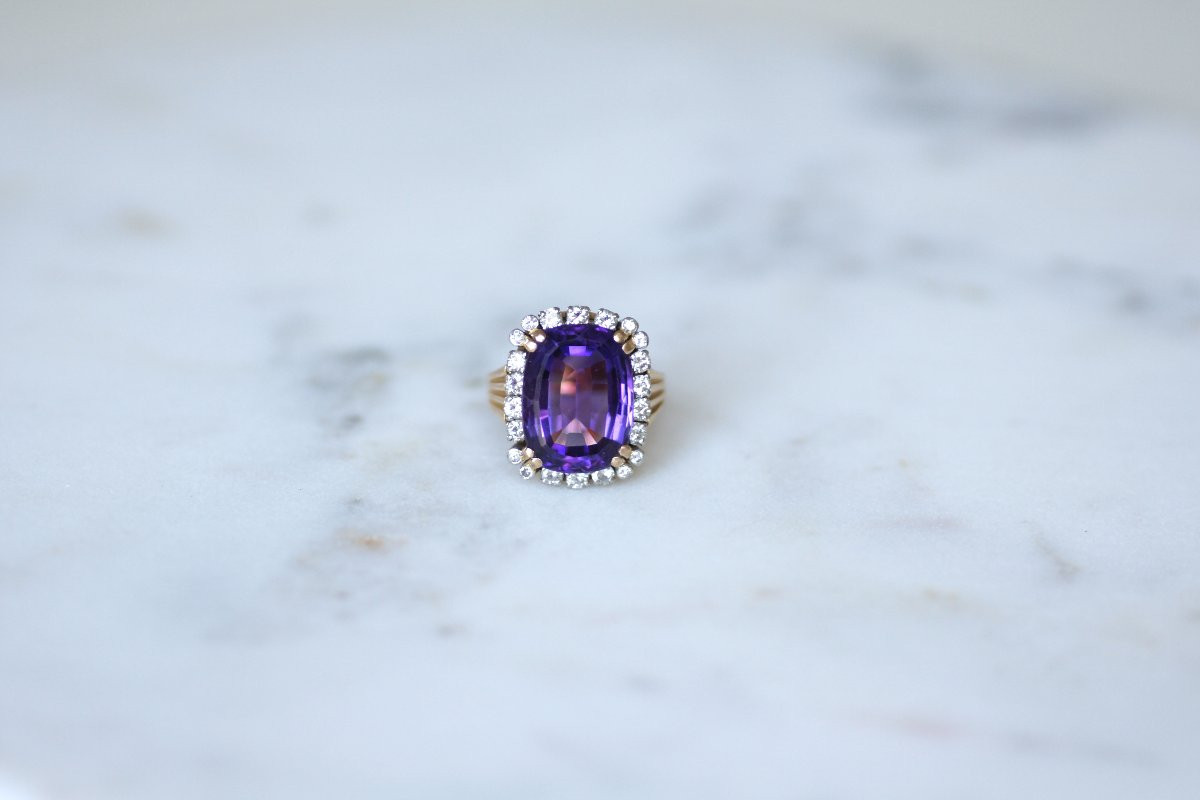 Amethyst And Diamond Cocktail Ring On Rose Gold And Platinum, 1960s-photo-2