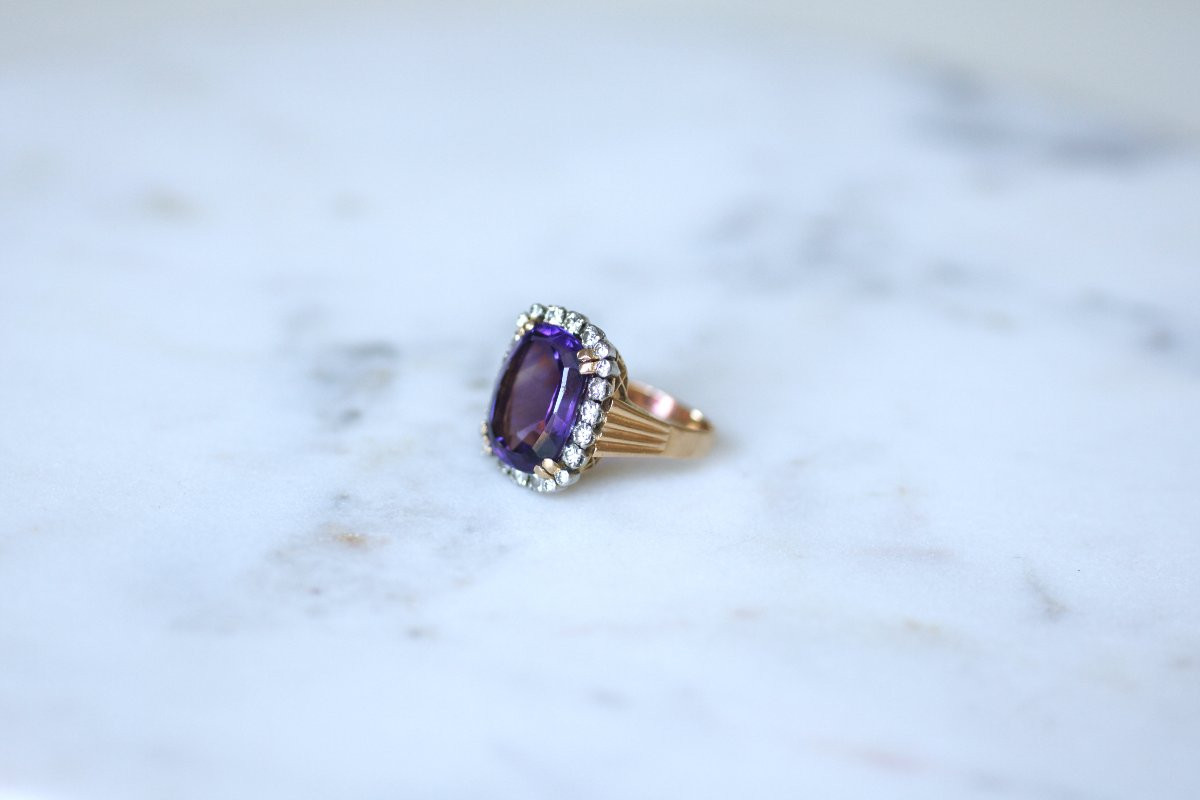 Amethyst And Diamond Cocktail Ring On Rose Gold And Platinum, 1960s-photo-3