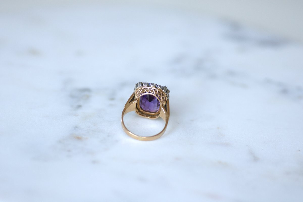 Amethyst And Diamond Cocktail Ring On Rose Gold And Platinum, 1960s-photo-4