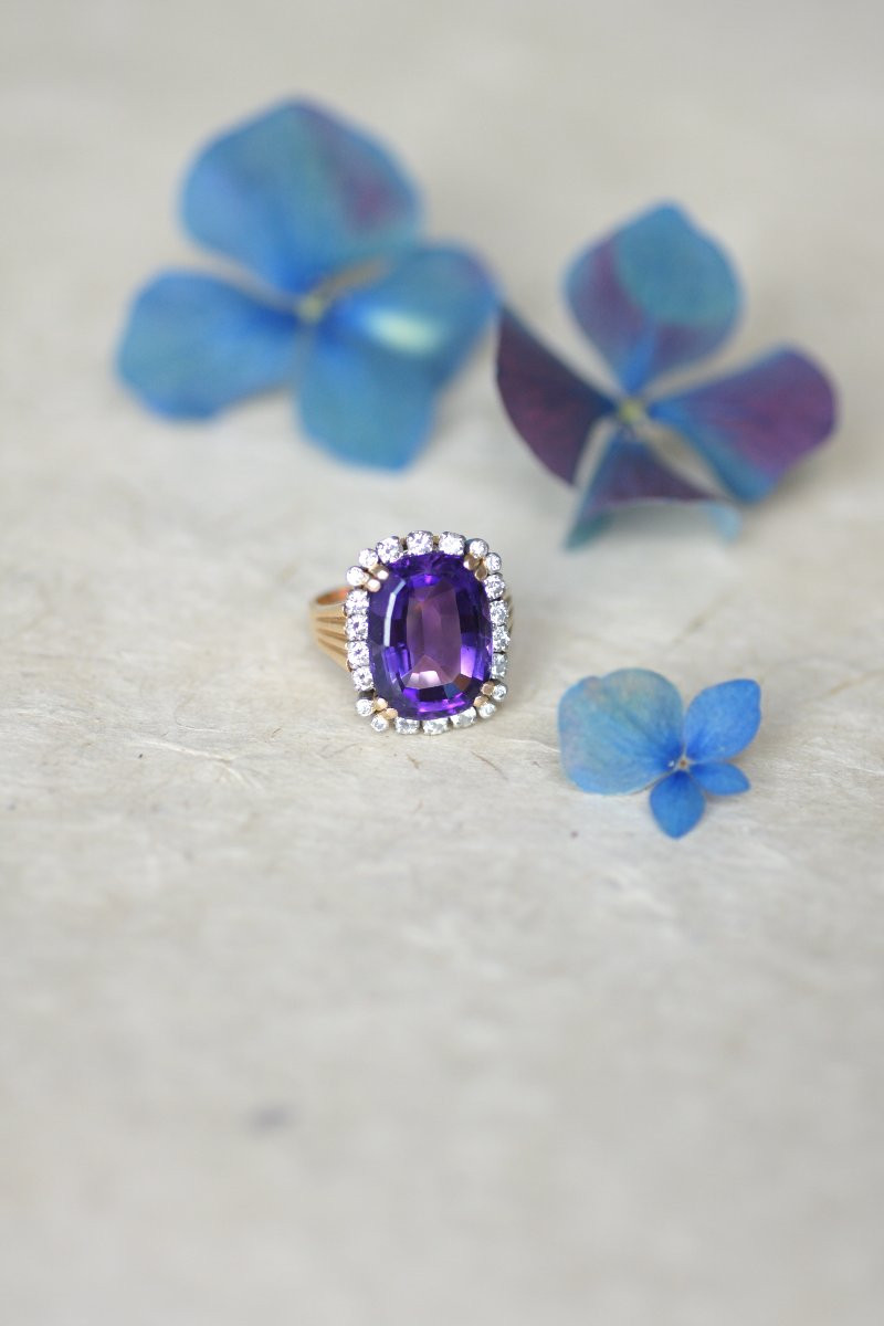 Amethyst And Diamond Cocktail Ring On Rose Gold And Platinum, 1960s-photo-2