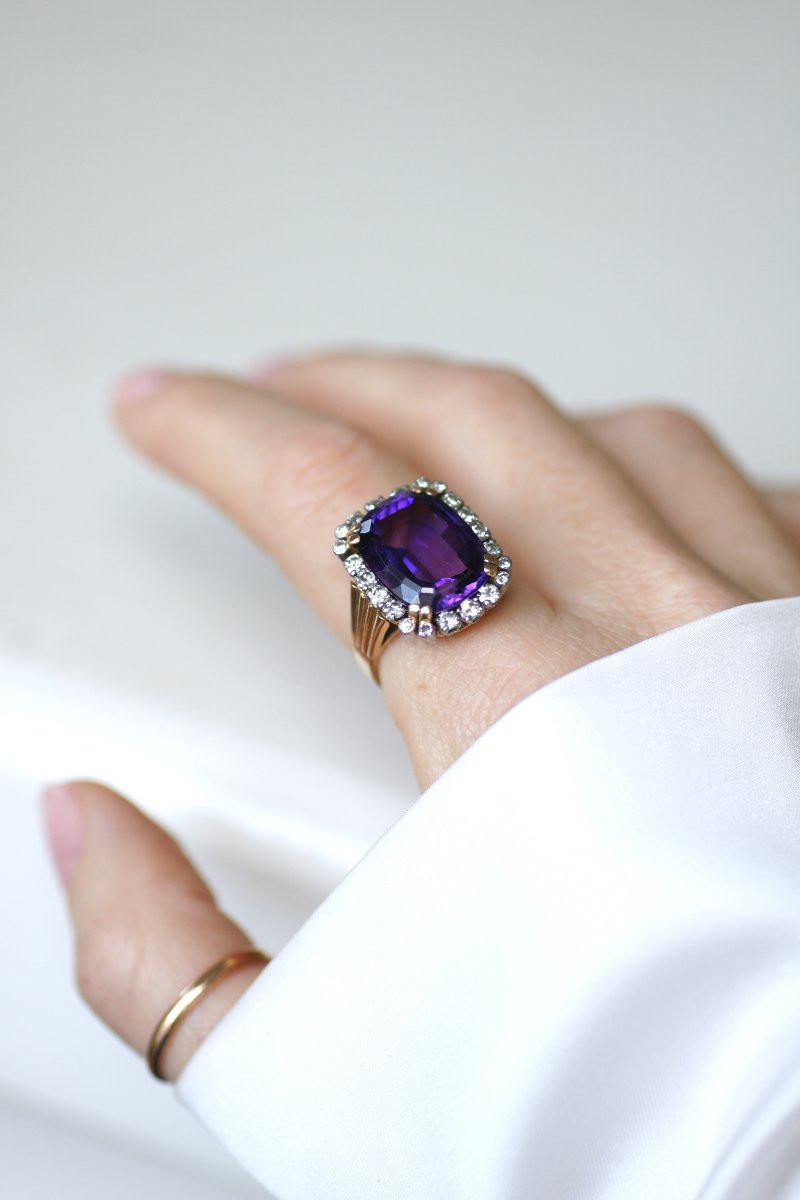 Amethyst And Diamond Cocktail Ring On Rose Gold And Platinum, 1960s-photo-4