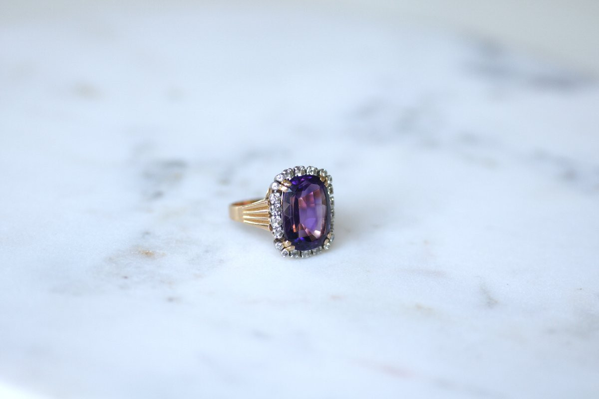 Amethyst And Diamond Cocktail Ring On Rose Gold And Platinum, 1960s-photo-5