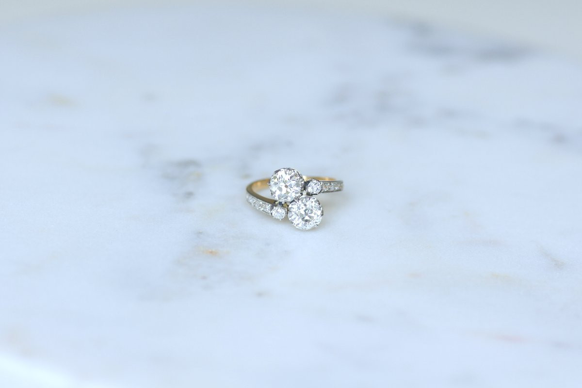 Bague Ancienne Toi et Moi Diamants 2,60 Cts sur Or Jaune et Platine-photo-2