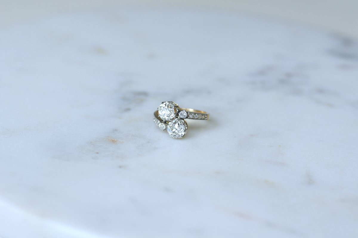 Bague Ancienne Toi et Moi Diamants 2,60 Cts sur Or Jaune et Platine-photo-3