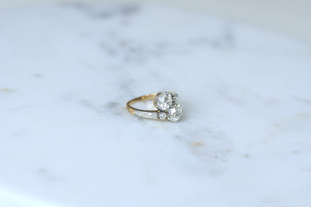 Bague Ancienne Toi et Moi Diamants 2,60 Cts sur Or Jaune et Platine-photo-4