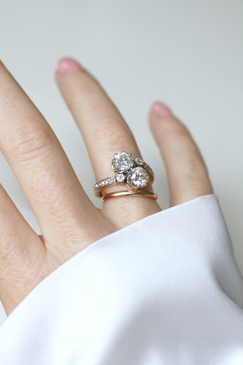 Bague Ancienne Toi et Moi Diamants 2,60 Cts sur Or Jaune et Platine-photo-1