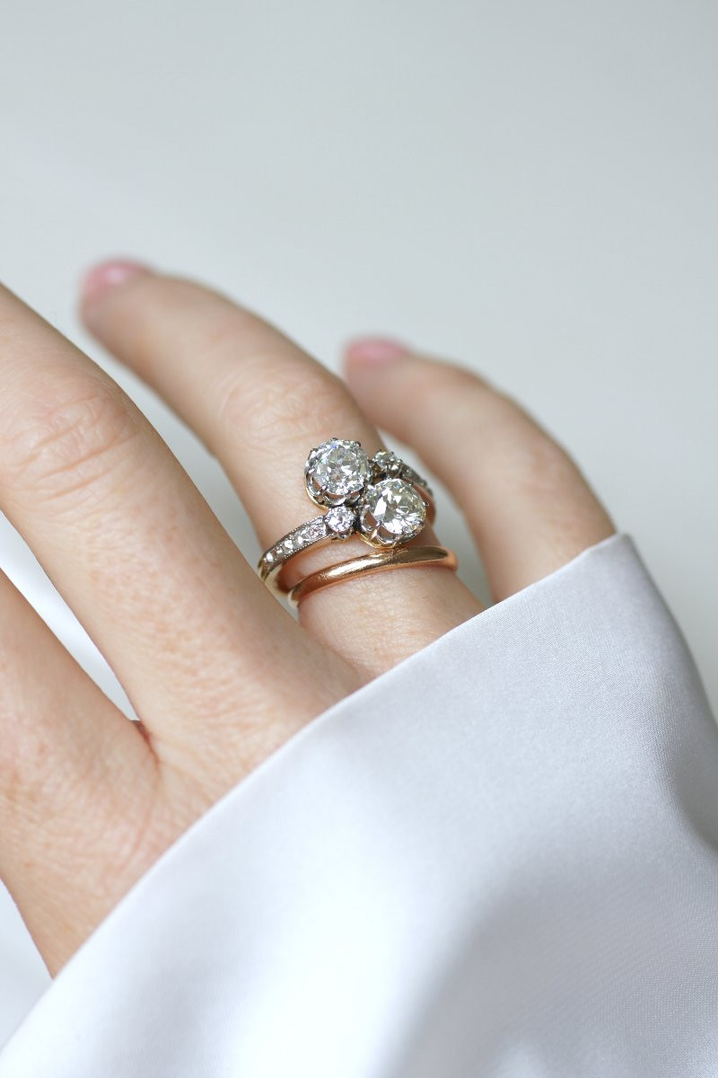 Bague Ancienne Toi et Moi Diamants 2,60 Cts sur Or Jaune et Platine-photo-2