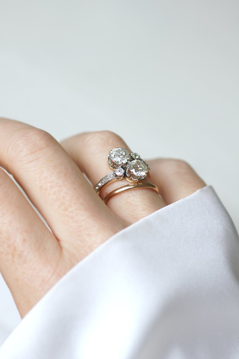 Bague Ancienne Toi et Moi Diamants 2,60 Cts sur Or Jaune et Platine-photo-3