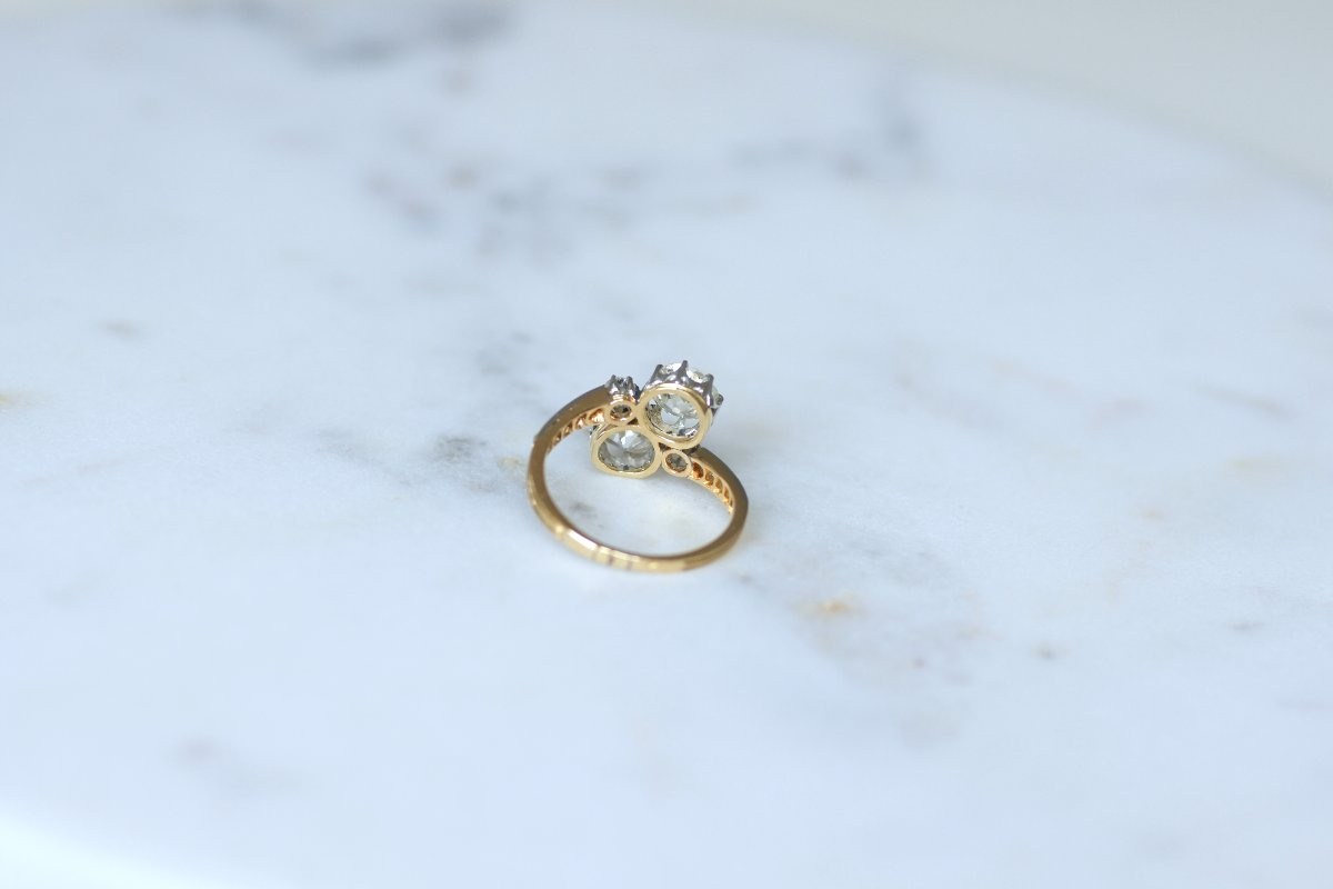 Bague Ancienne Toi et Moi Diamants 2,60 Cts sur Or Jaune et Platine-photo-4