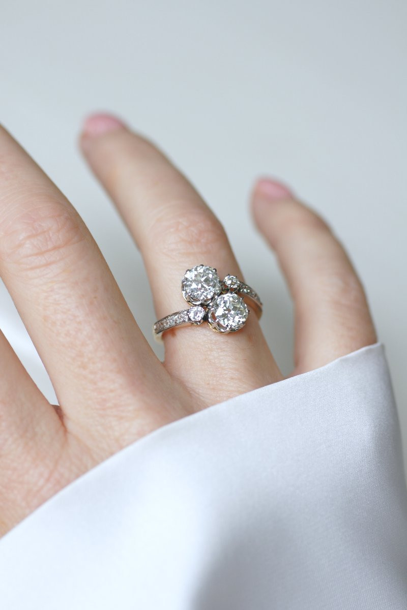 Bague Ancienne Toi et Moi Diamants 2,60 Cts sur Or Jaune et Platine-photo-5