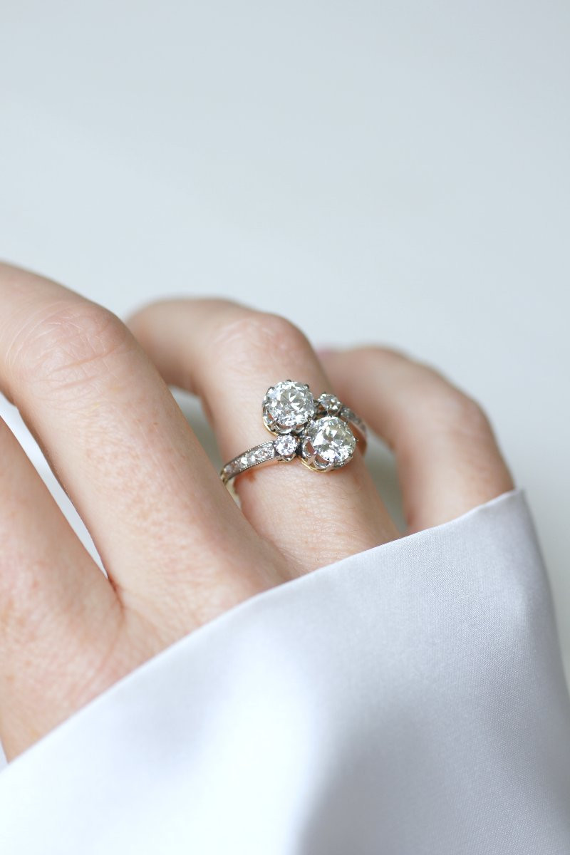 Bague Ancienne Toi et Moi Diamants 2,60 Cts sur Or Jaune et Platine-photo-6