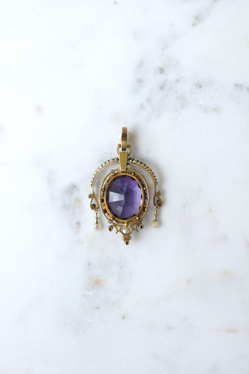 Pendentif Ancien Améthyste Diamants et Perles fines sur Or Rose et Argent-photo-4
