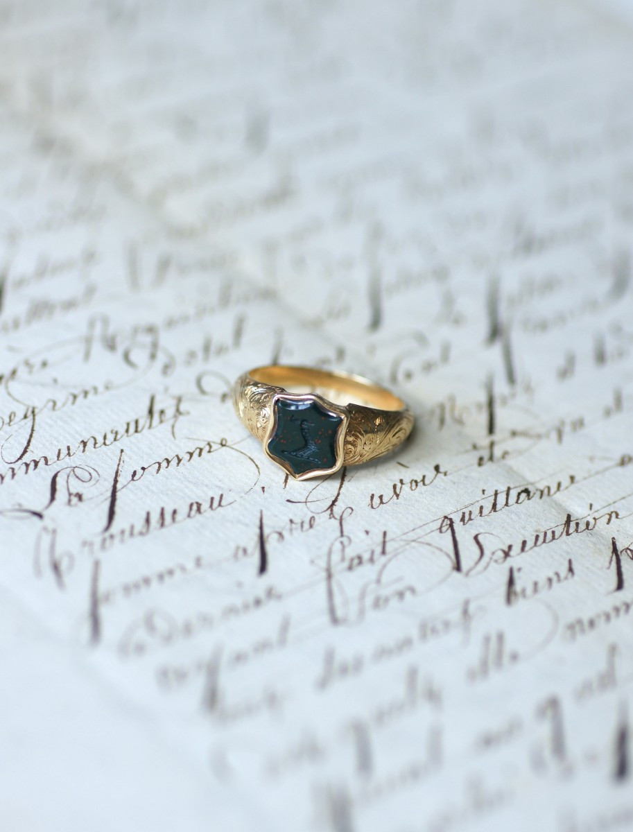 Antique Victorian Signet Ring, Intaglio Bloodstone On Yellow Gold