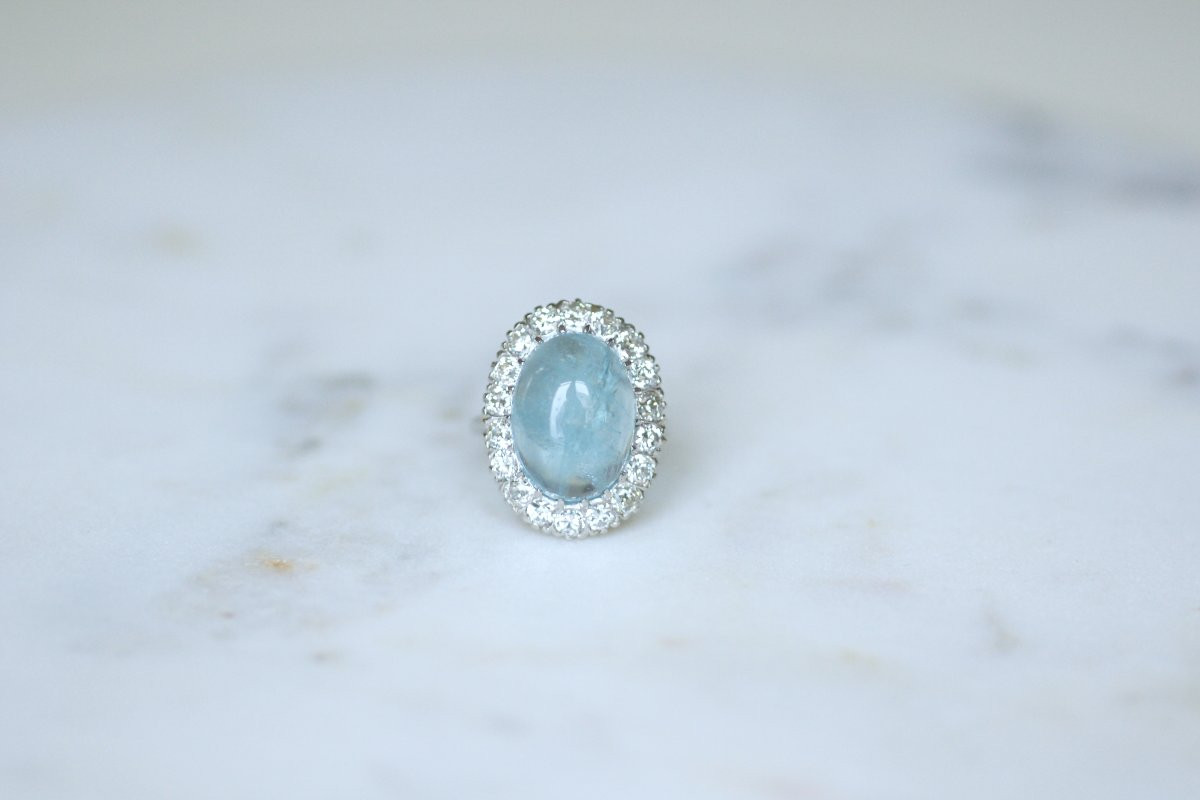 Art Deco Cluster Ring With Aquamarine Cabochon And Diamonds On Gold And Platinum-photo-2