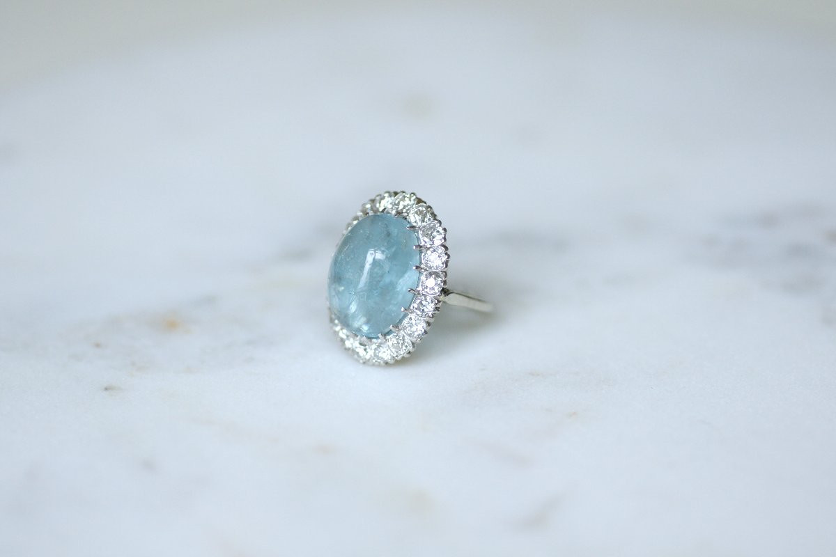 Art Deco Cluster Ring With Aquamarine Cabochon And Diamonds On Gold And Platinum-photo-3