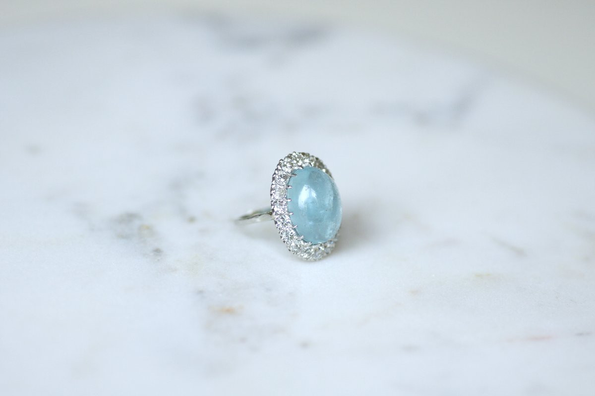 Art Deco Cluster Ring With Aquamarine Cabochon And Diamonds On Gold And Platinum-photo-4
