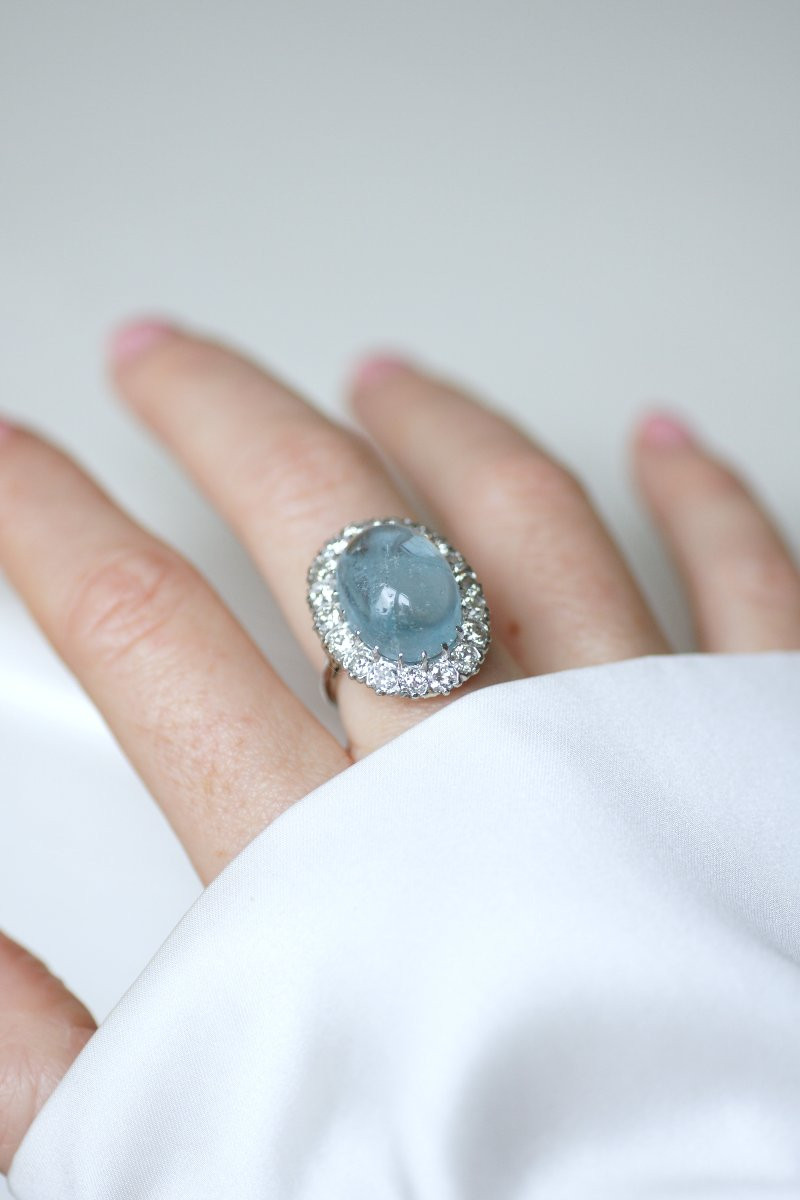 Art Deco Cluster Ring With Aquamarine Cabochon And Diamonds On Gold And Platinum-photo-3