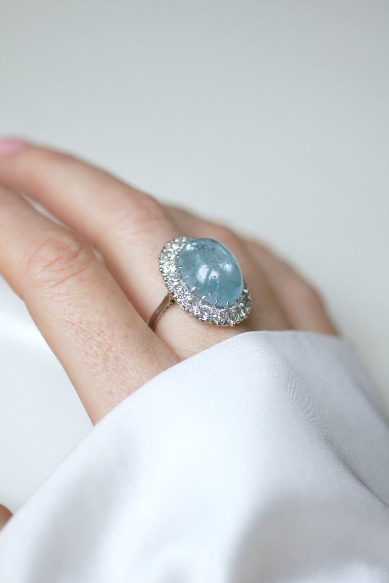 Art Deco Cluster Ring With Aquamarine Cabochon And Diamonds On Gold And Platinum-photo-4