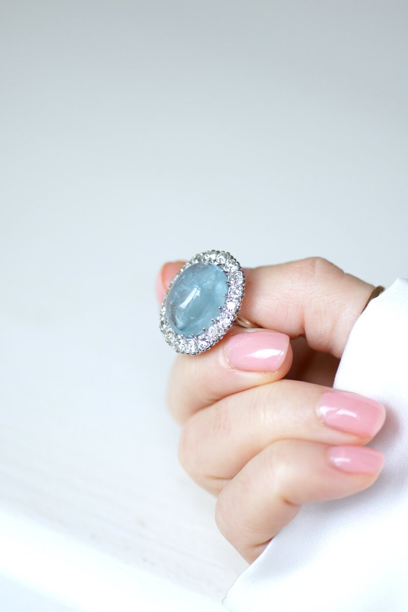 Art Deco Cluster Ring With Aquamarine Cabochon And Diamonds On Gold And Platinum-photo-5