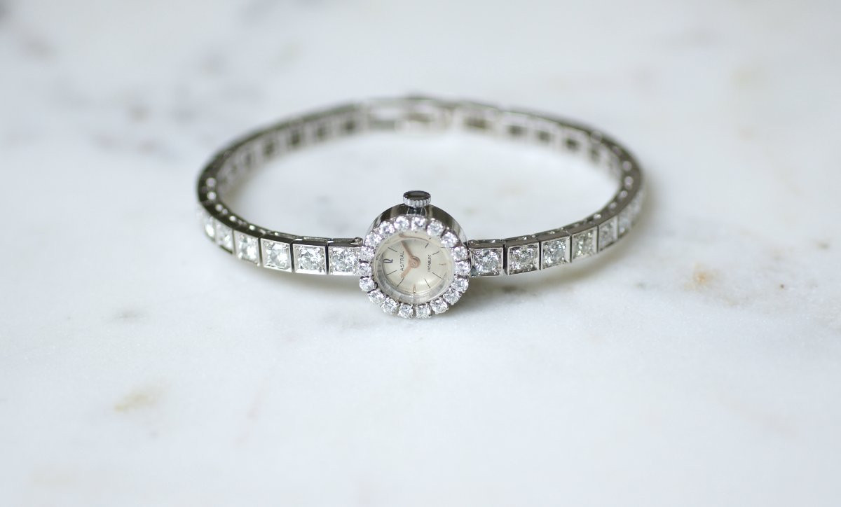Montre Bracelet de Dame Astral Diamants 5,70 Cts sur Or Blanc Années 60-photo-2