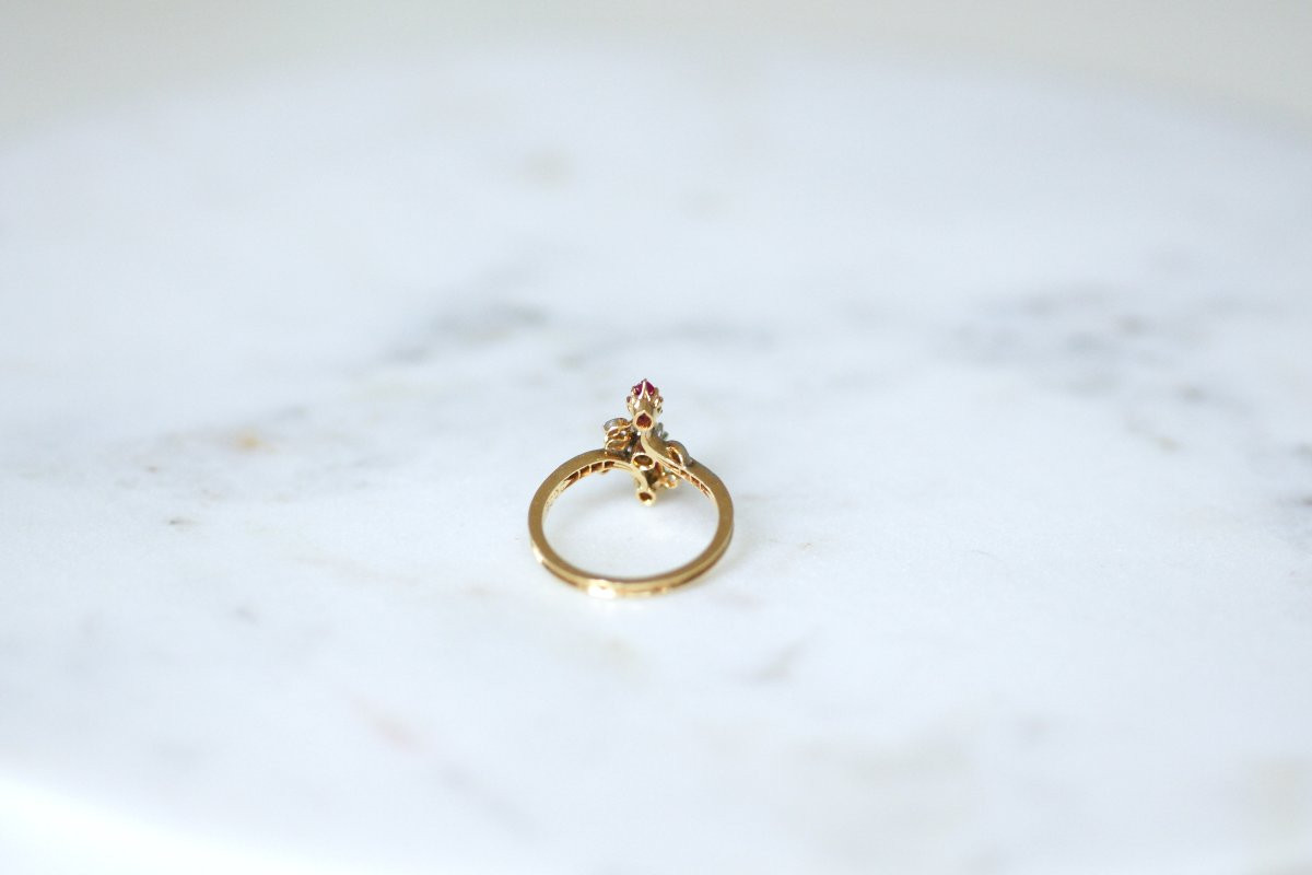 Bague Toi et Moi Belle Epoque Rubis Poire et Diamants sur Or Jaune et Platine-photo-6