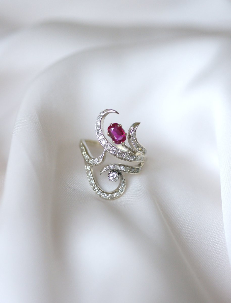 Arabesque Ring With Unheated Burmese Ruby And Diamonds On White Gold-photo-2