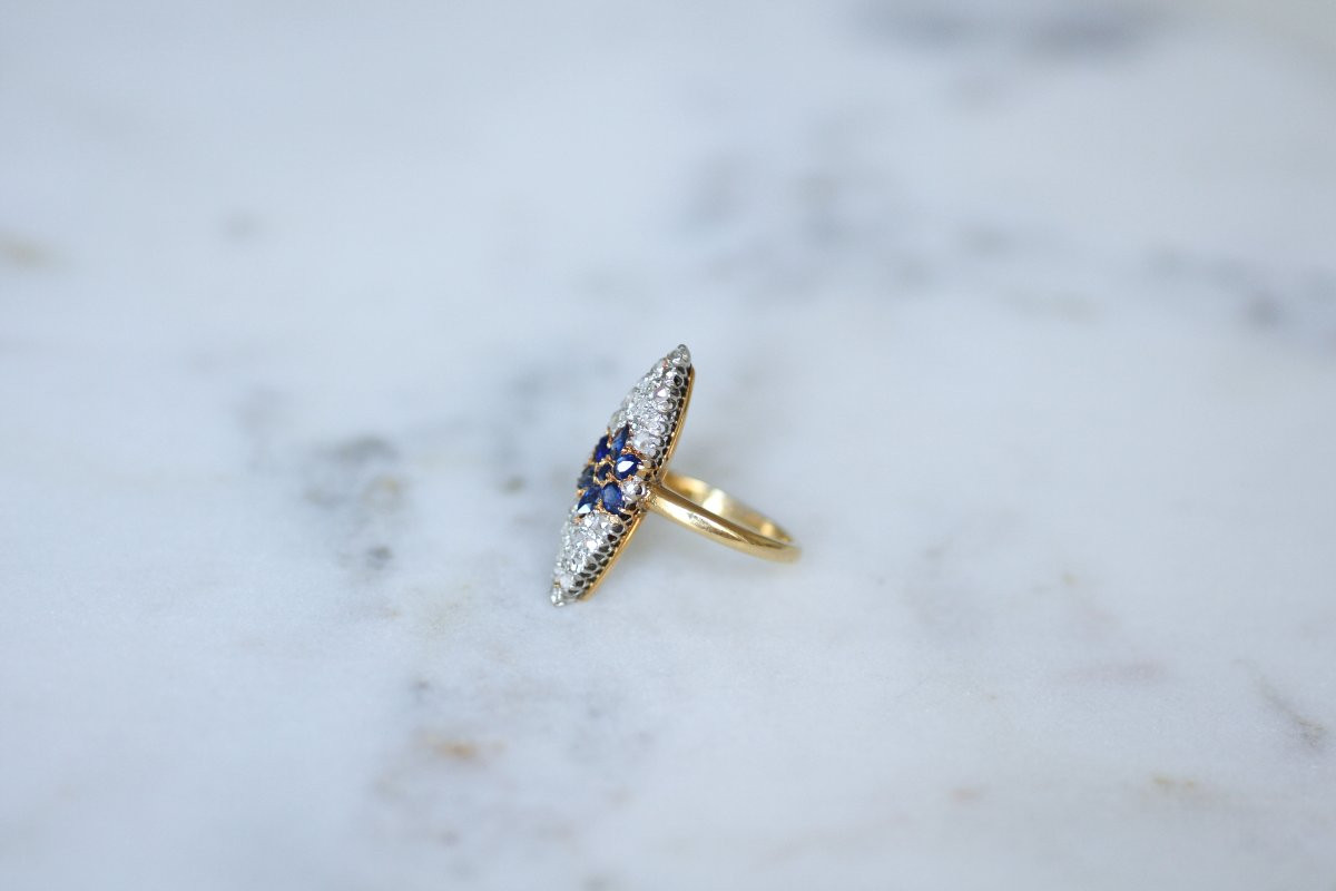 Bague Ancienne Marquise Etoile Saphir Entourage Diamants sur Or Jaune et Platine-photo-4