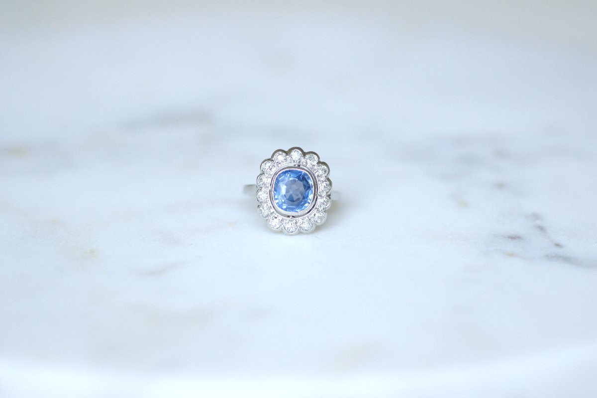 Bague Pompadour Art Déco Saphir de Ceylan 2,80 Cts et Diamants sur Platine-photo-2
