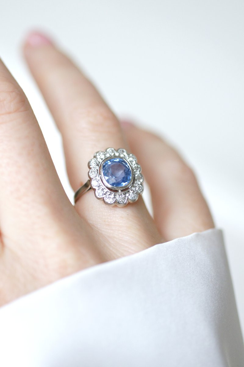 Bague Pompadour Art Déco Saphir de Ceylan 2,80 Cts et Diamants sur Platine-photo-5