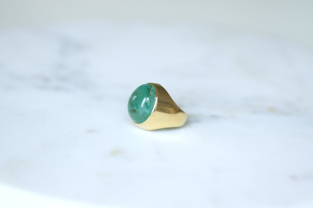 Bague Boule Cabochon Emeraude 15 Carats sur Or Jaune-photo-3