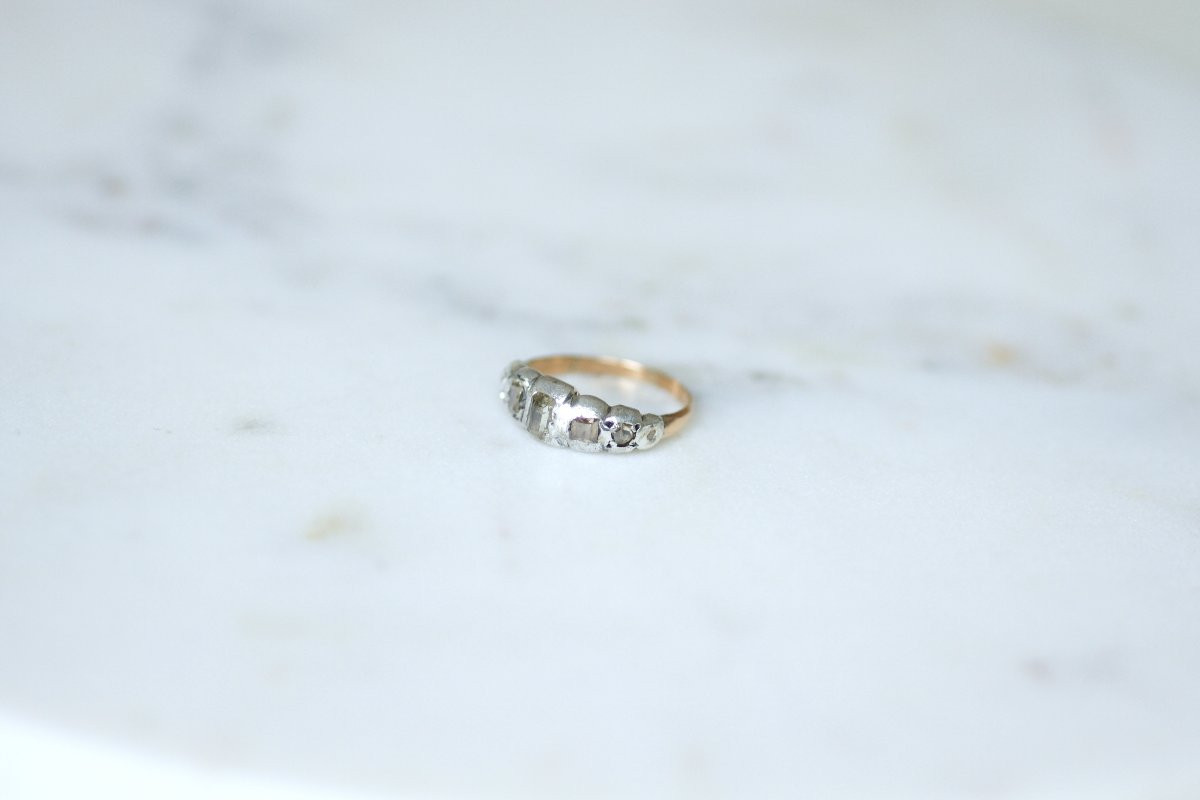 Bague Ancienne Jarretière Diamants Taillés en Table et en Rose sur Or rose et Argent-photo-3