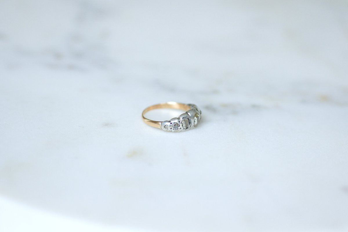 Bague Ancienne Jarretière Diamants Taillés en Table et en Rose sur Or rose et Argent-photo-4
