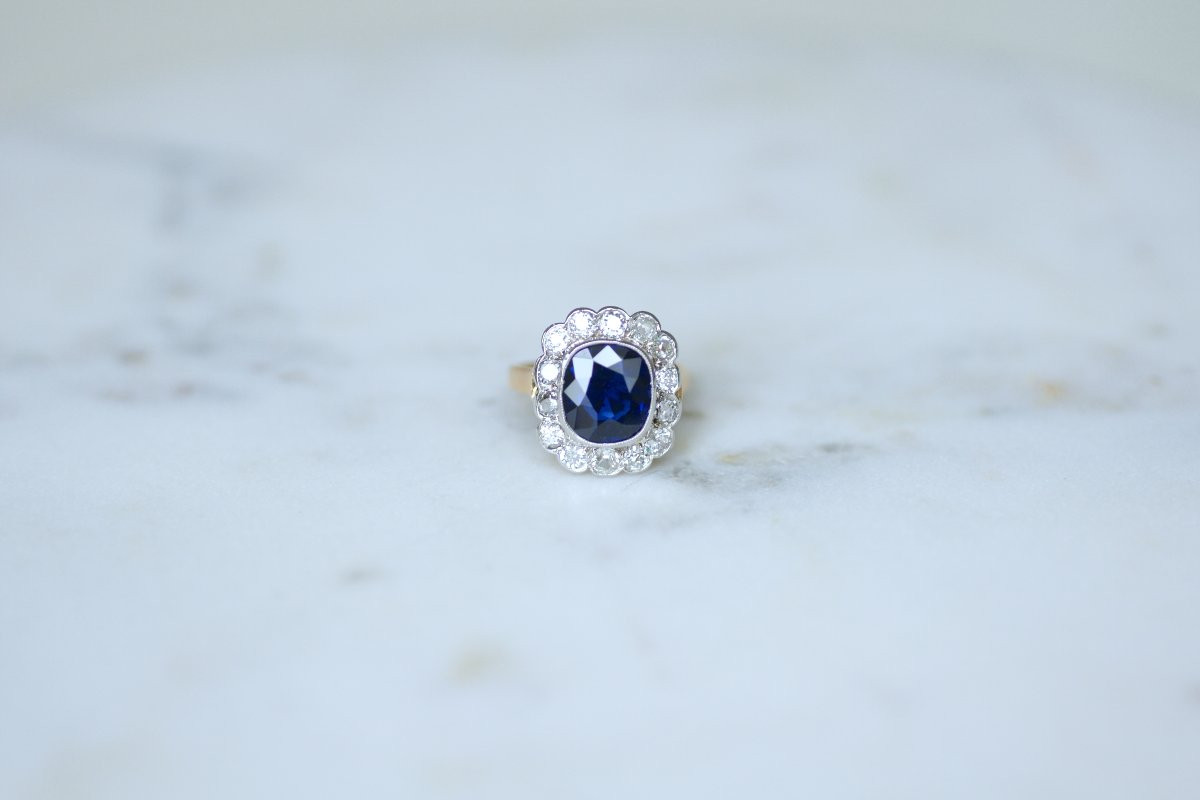 Art Deco Cluster Ring With A 3.65 Ct No Heat Siam Sapphire & Diamonds On Rose Gold And Platinum-photo-2