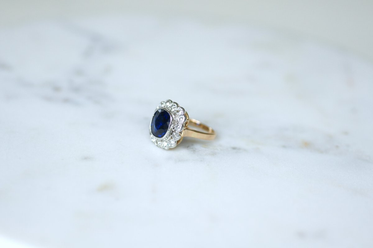 Art Deco Cluster Ring With A 3.65 Ct No Heat Siam Sapphire & Diamonds On Rose Gold And Platinum-photo-3