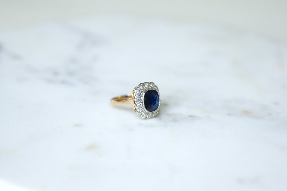 Art Deco Cluster Ring With A 3.65 Ct No Heat Siam Sapphire & Diamonds On Rose Gold And Platinum-photo-4