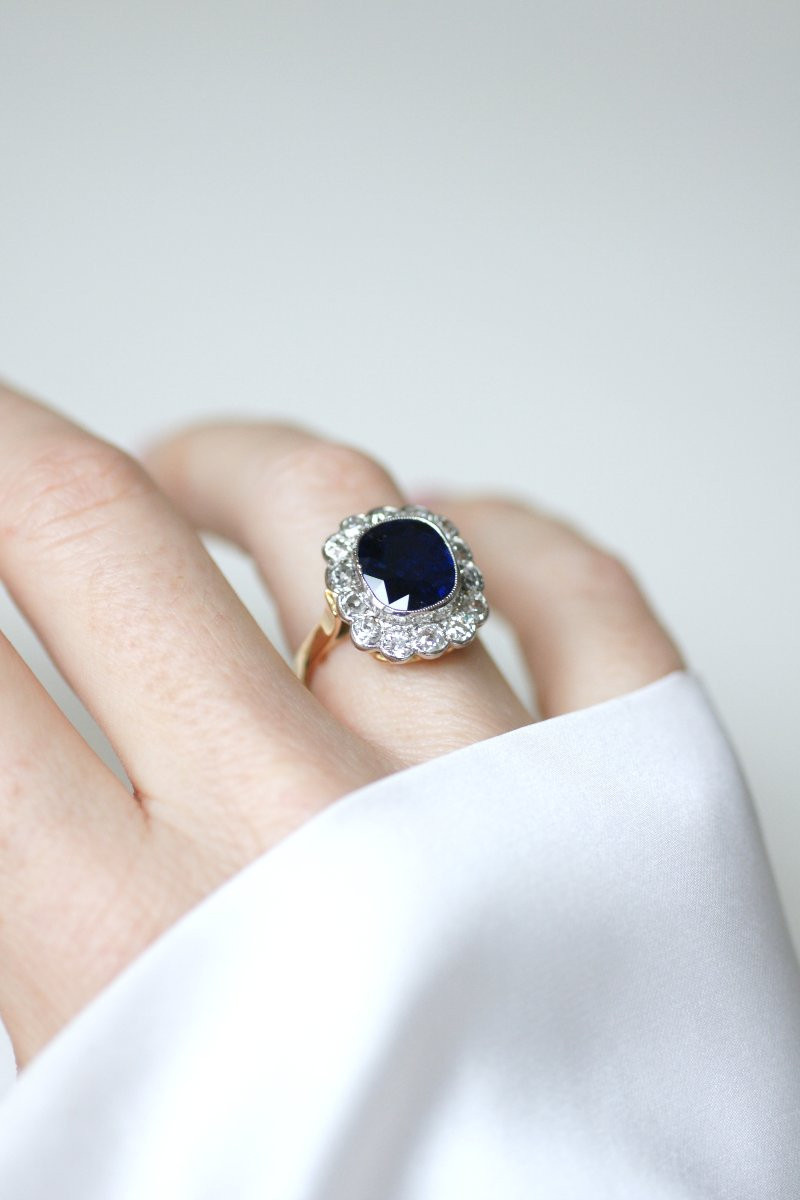Art Deco Cluster Ring With A 3.65 Ct No Heat Siam Sapphire & Diamonds On Rose Gold And Platinum-photo-5